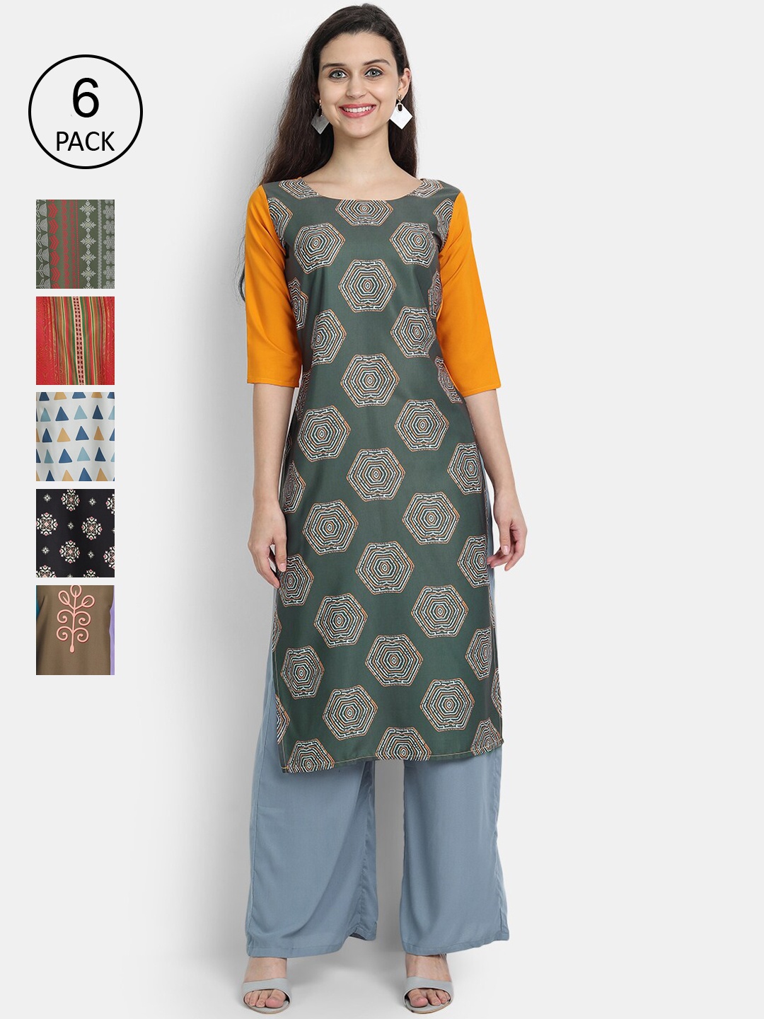 

7Threads Women Pack of 6 Multicoloured Printed Straight Kurta, Multi