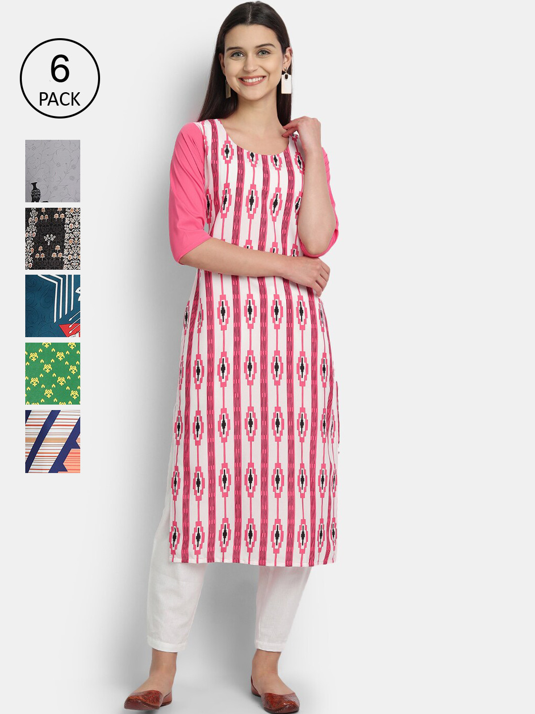 

7Threads Women Pack Of 6Printed Crepe Kurta, Pink
