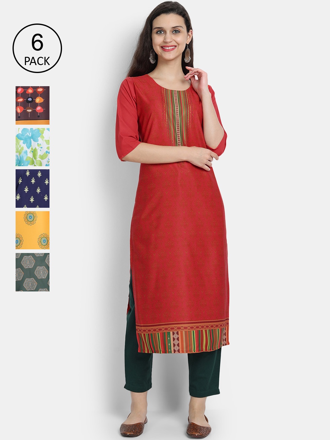 

7Threads Women Pack of 6 Ethnic Motifs Printed Crepe Kurtas, Multi