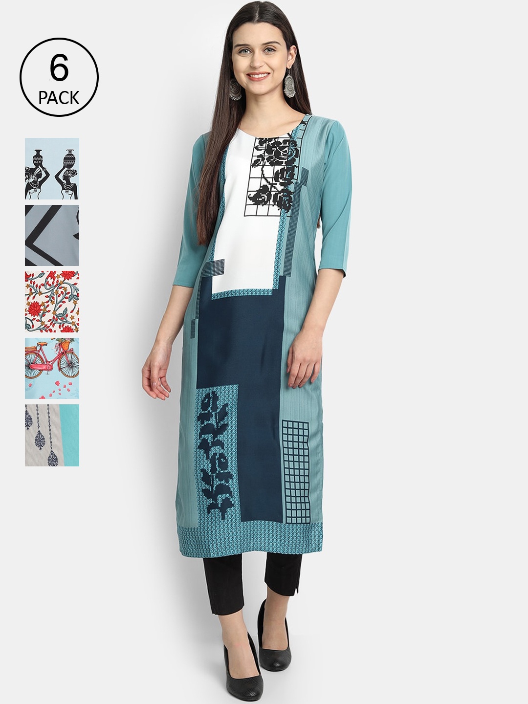 

7Threads Women Pack Of 6 Multicoloured Ethnic Motifs Printed Crepe Kurta, Multi
