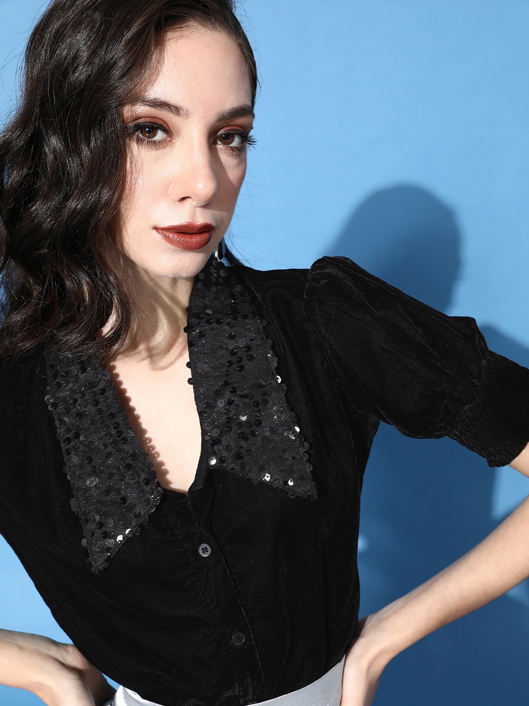 

Cation Women Stylish Black Solid Bling and Sparkly Shirt