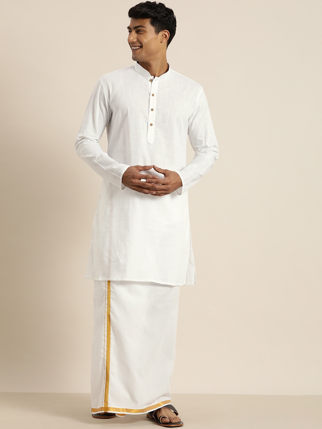 

VASTRAMAY Men White Cotton Blend Kurta And Mundu Set