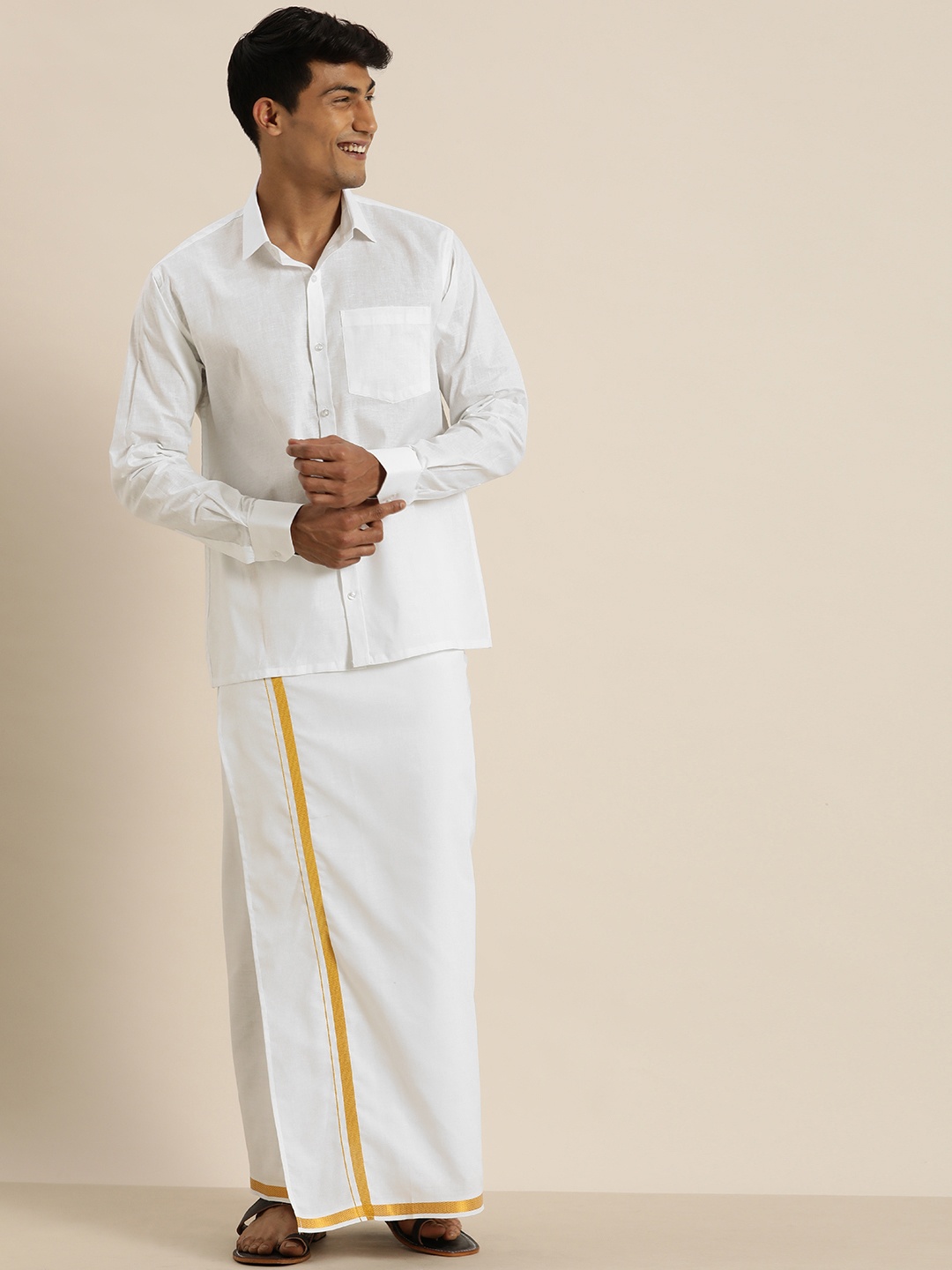 

VASTRAMAY Men White & White Shirt with Dhoti