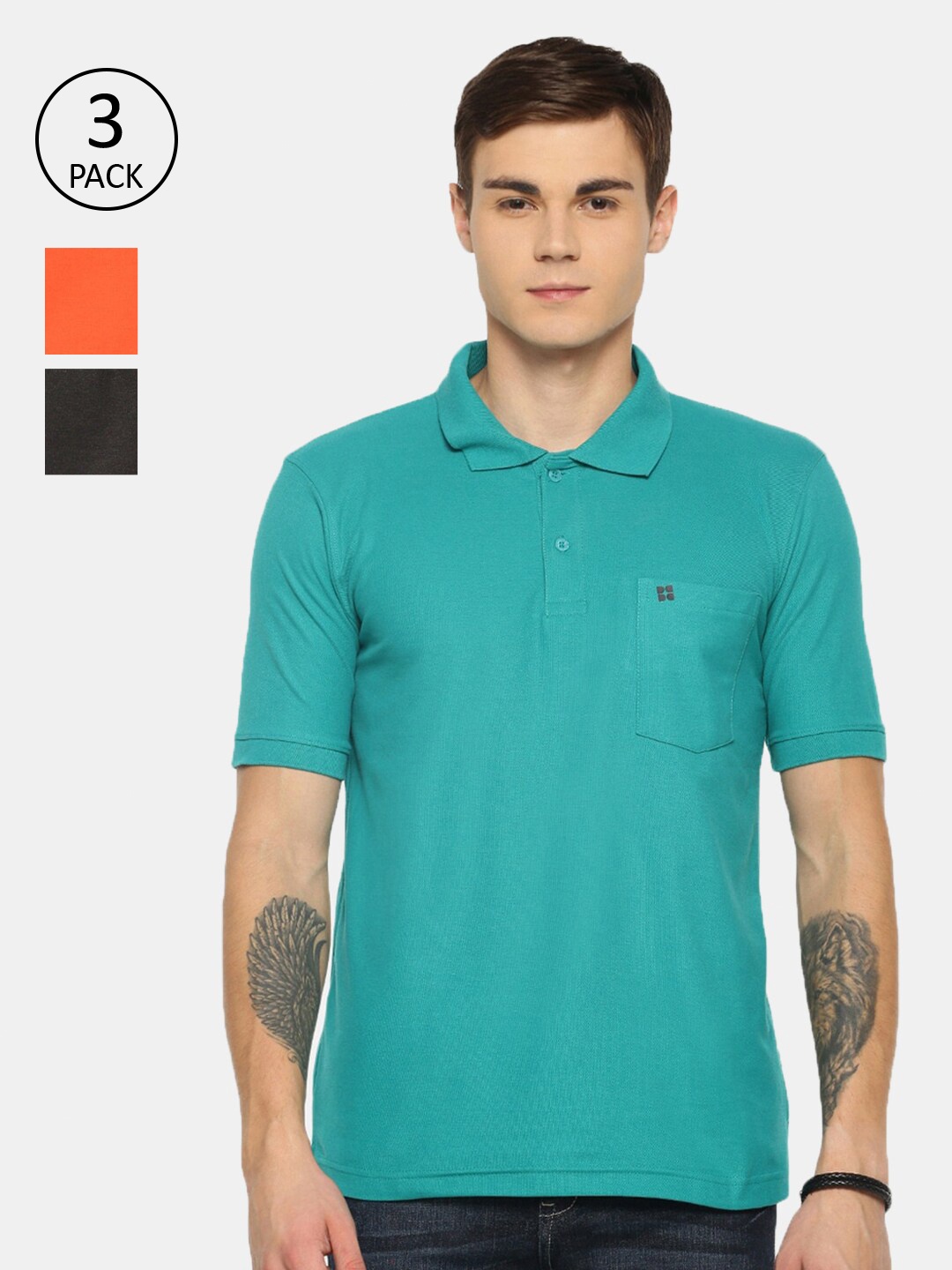 

Dollar Men Green & Orange Pack Of 3 Polo Collar T-shirts