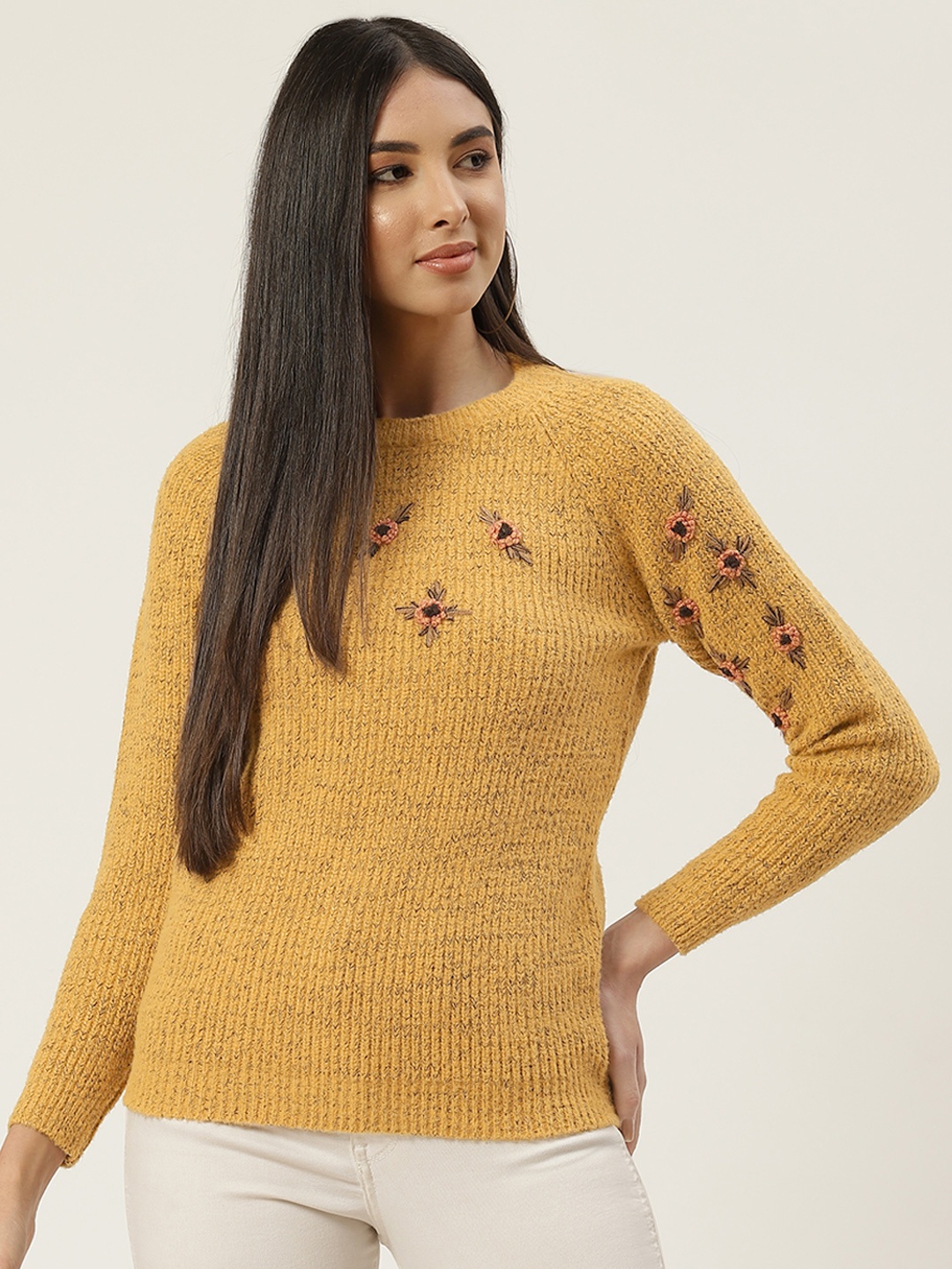 

BROOWL Women Mustard & Orange Floral Embroidered Pullover