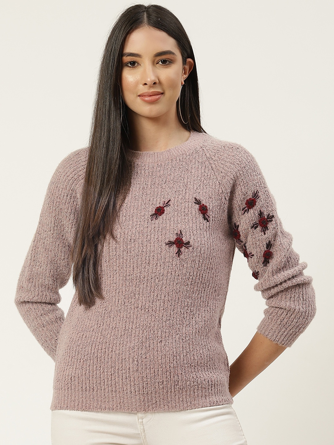 

BROOWL Women Nude-Coloured & Maroon Floral Embroidered Pullover