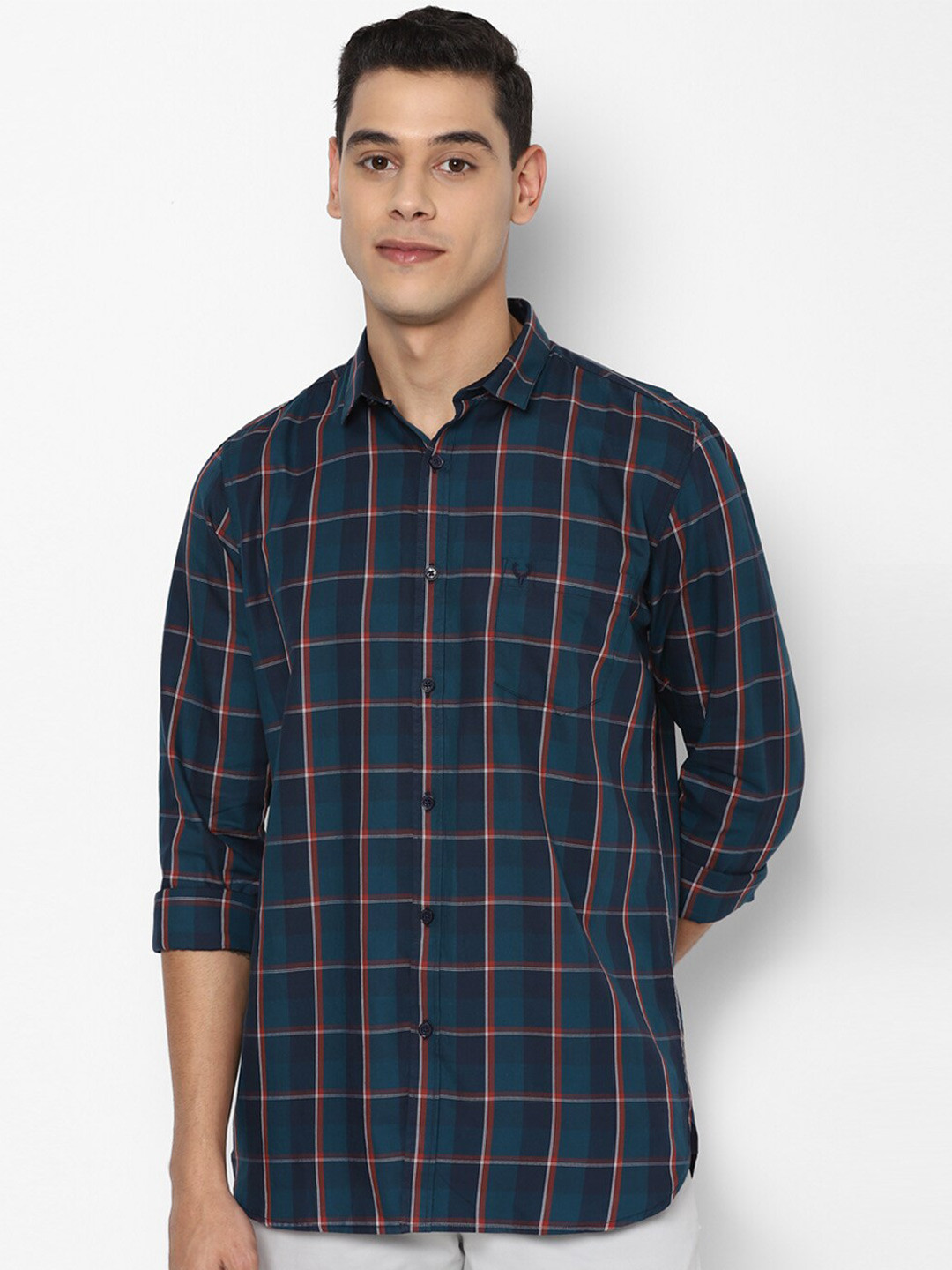 

Allen Solly Men Navy Blue Slim Fit Tartan Checks Pure Cotton Checked Casual Shirt