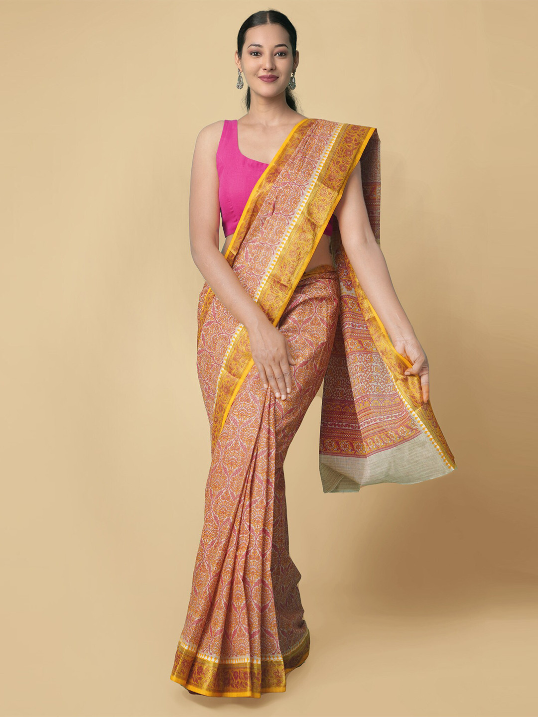 

Unnati Silks Beige & Pink Ethnic Motifs Pure Cotton Block Print Saree