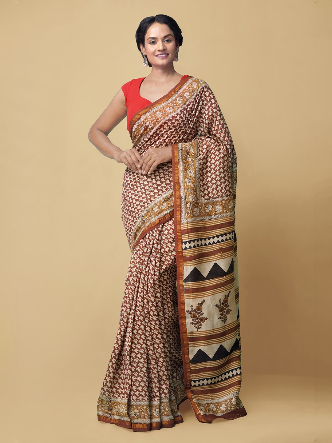 

Unnati Silks Brown & Beige Tie and Dye Zari Silk Cotton Chanderi Saree