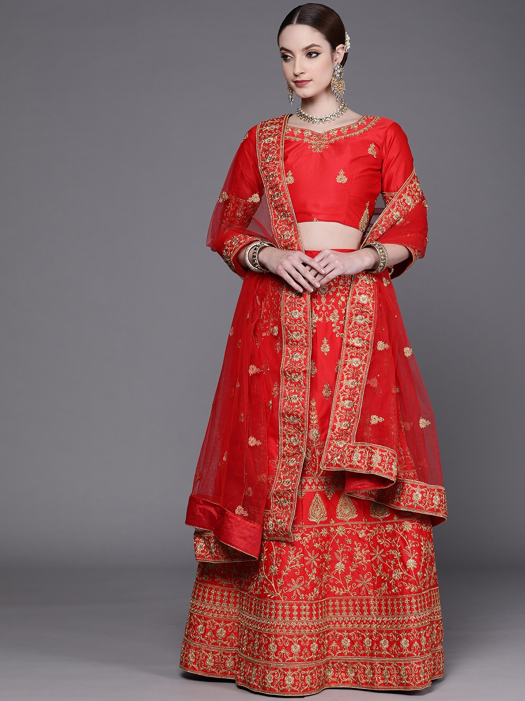 

Mitera Red & Golden Embroidered Semi-Stitched Lehenga & Unstitched Blouse With Dupatta