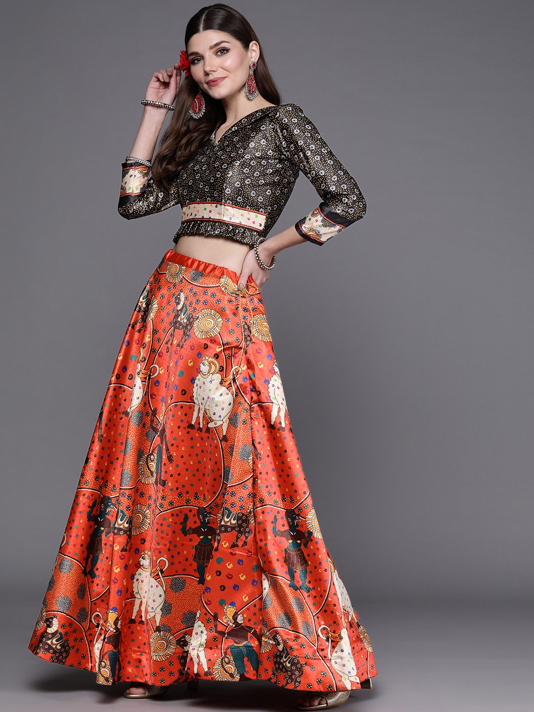 

Mitera Red & Beige Block Print Zari Semi-Stitched Lehenga & Unstitched Blouse