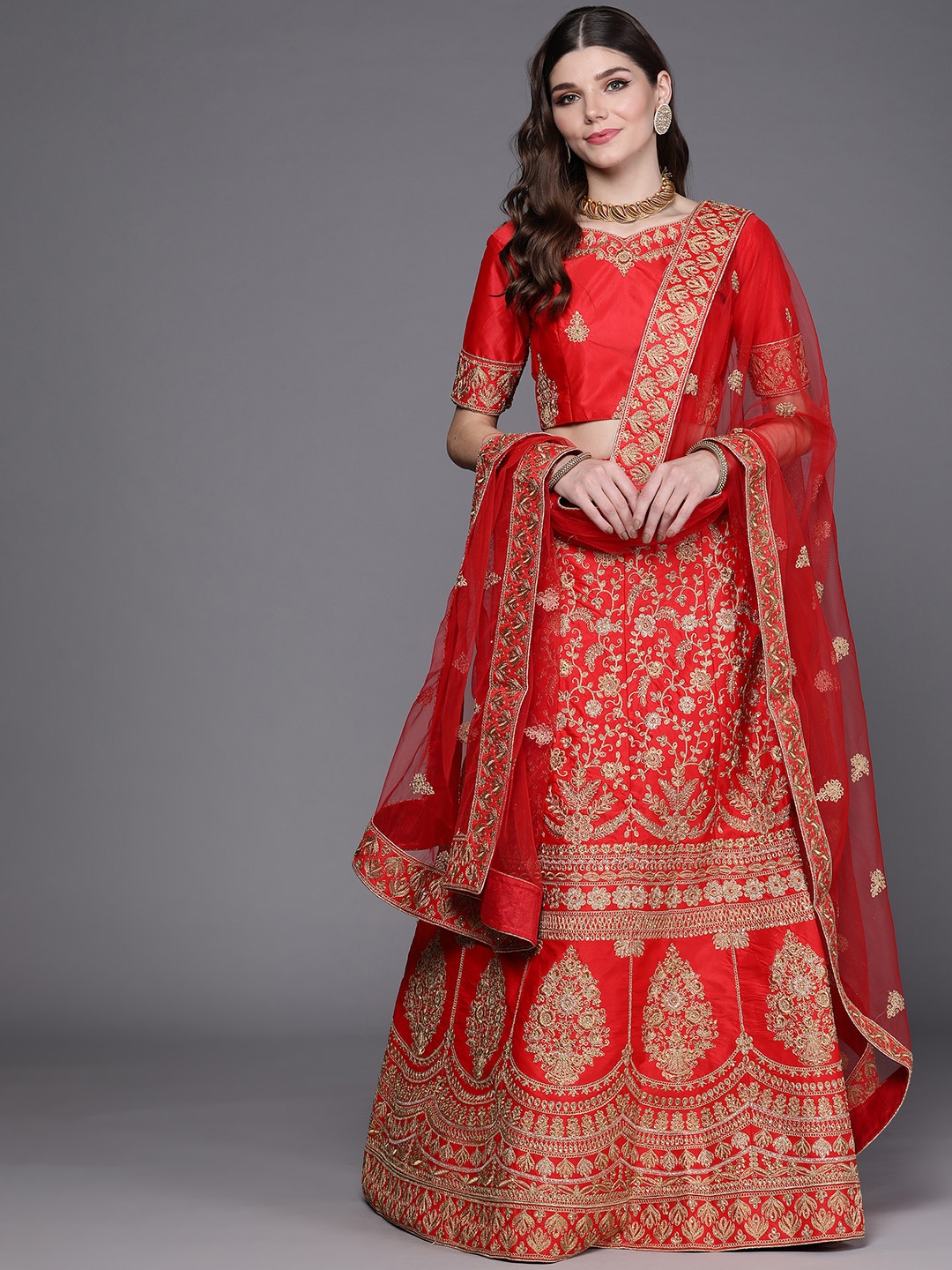 

Mitera Red & Golden Embroidered Semi-Stitched Lehenga & Unstitched Blouse With Dupatta