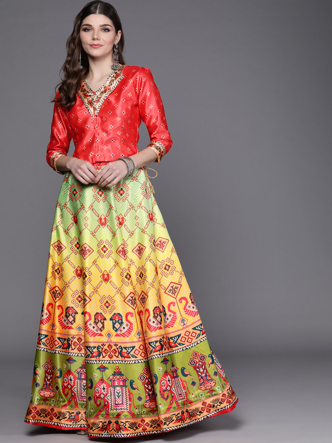 

Mitera Pink & Green Printed Block Print Semi-Stitched Lehenga & Unstitched Lehenga Choli