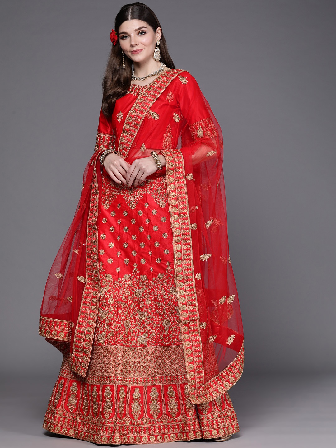 

Mitera Red & Golden Embroidered Semi-Stitched Lehenga & Unstitched Blouse With Dupatta