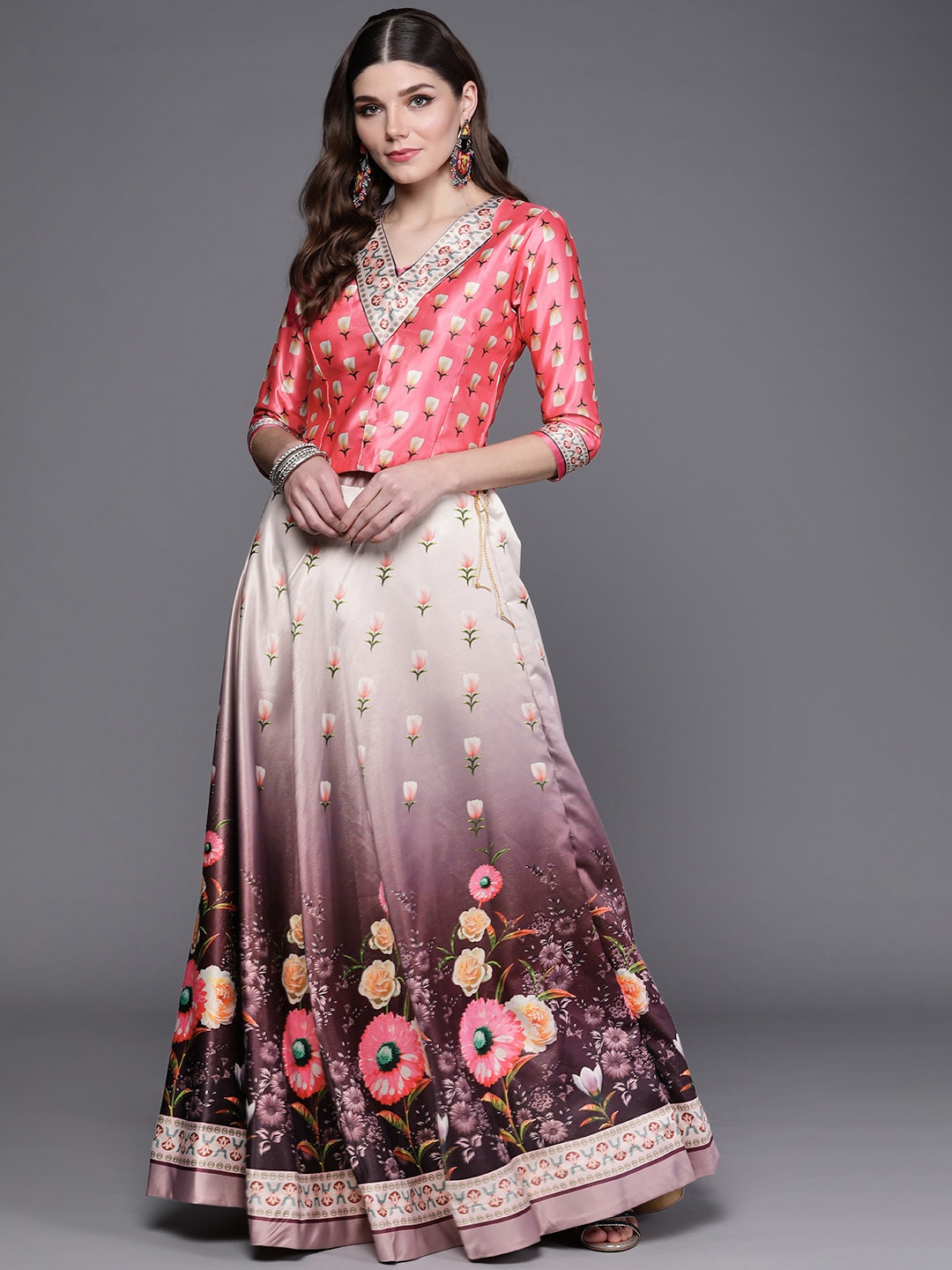 

Mitera Pink & Off White Block Print Semi-Stitched Lehenga & Unstitched Blouse
