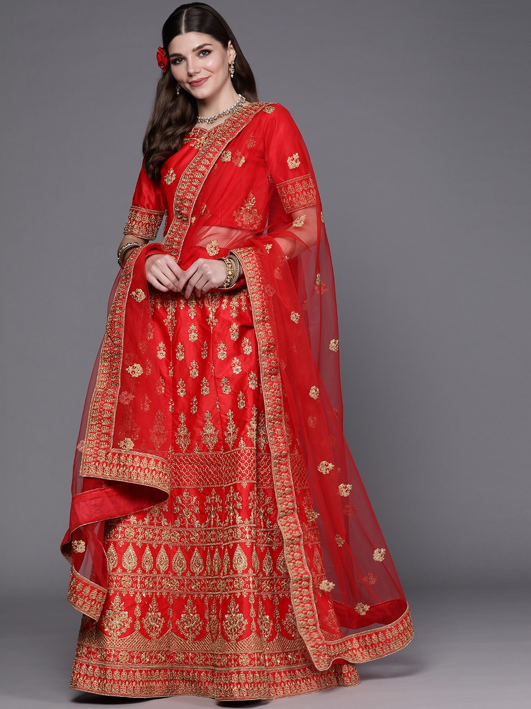

Mitera Red & Golden Embroidered Semi-Stitched Lehenga & Unstitched Blouse with Dupatta
