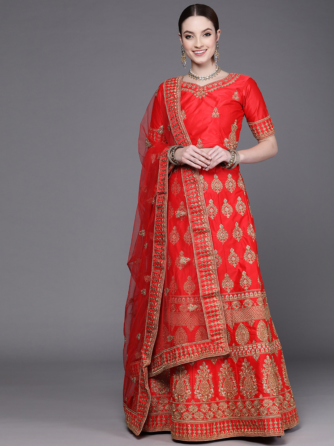 

Mitera Red & Gold-Toned Embroidered Semi-Stitched Lehenga & Unstitched Blouse With Dupatta