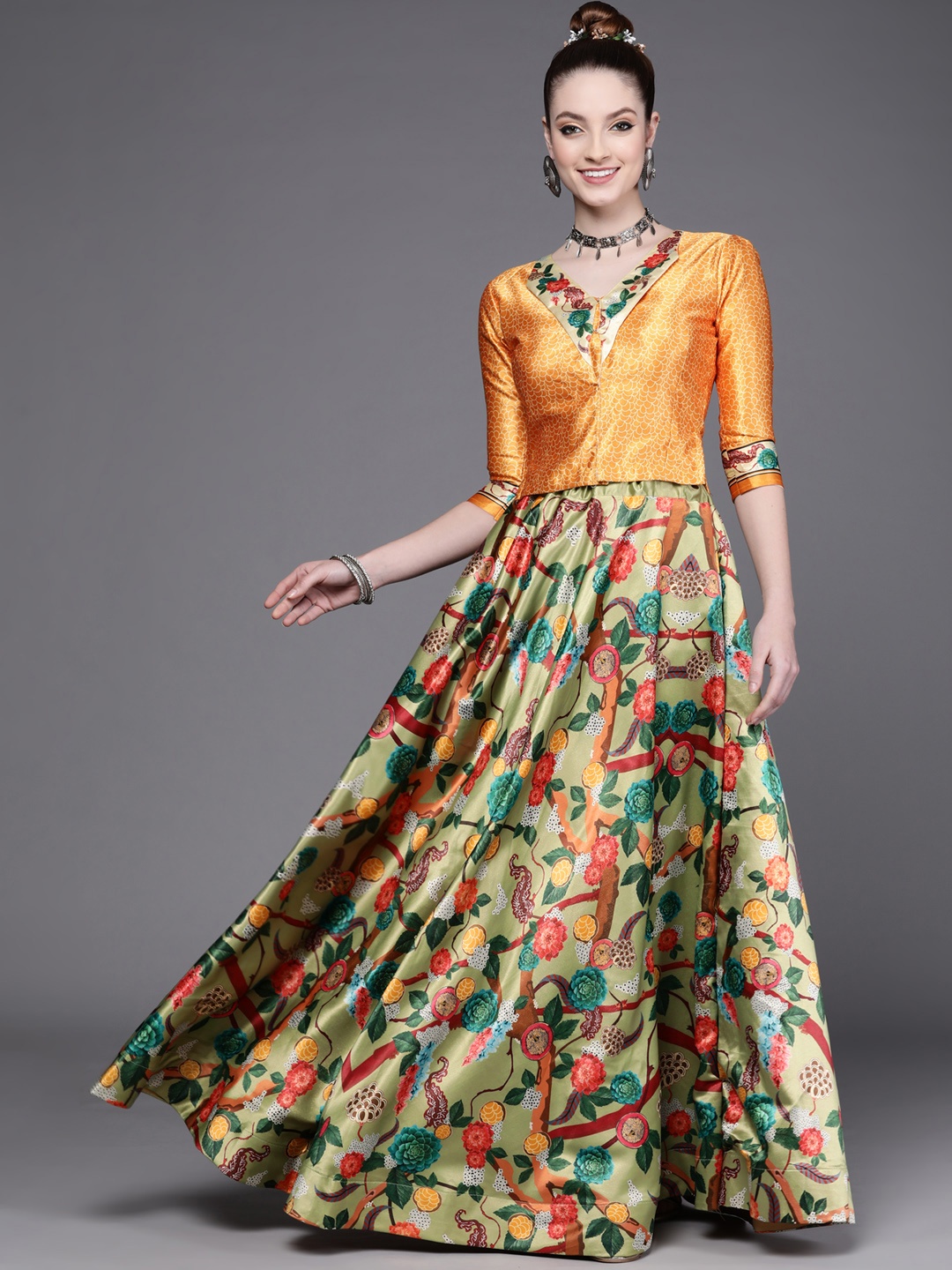 

Mitera Multicoloured Block Print Semi-Stitched Lehenga & Unstitched Blouse, Multi