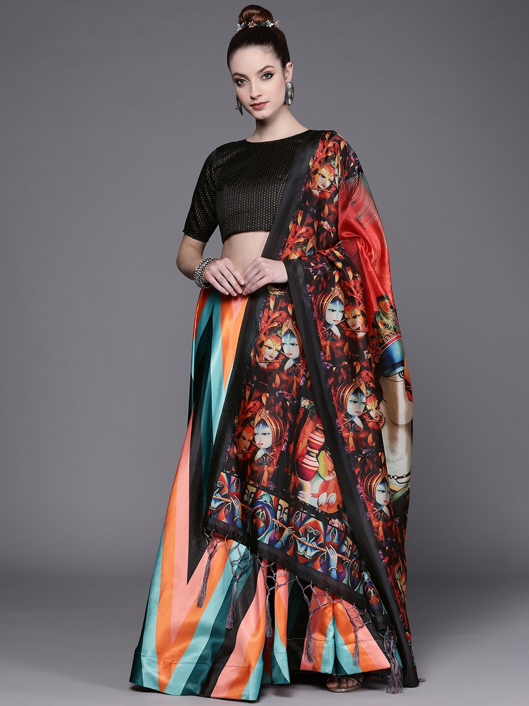 

Mitera Green & Pink Block Print Semi-Stitched Lehenga & Unstitched Blouse With Dupatta