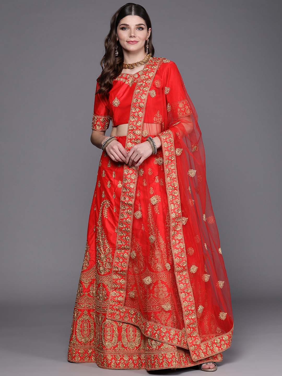 

Mitera Red & Golden Embroidered Semi-Stitched Lehenga & Unstitched Blouse With Dupatta