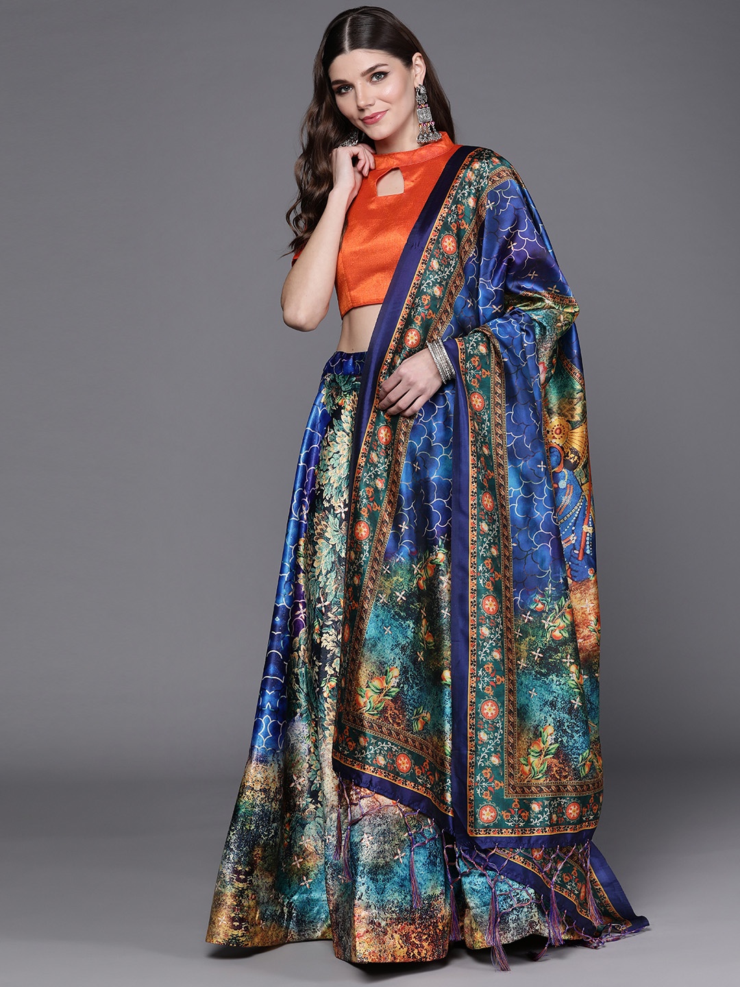 

Mitera Orange & Blue Printed Block Print Semi-Stitched Lehenga & Unstitched Blouse With Dupatta