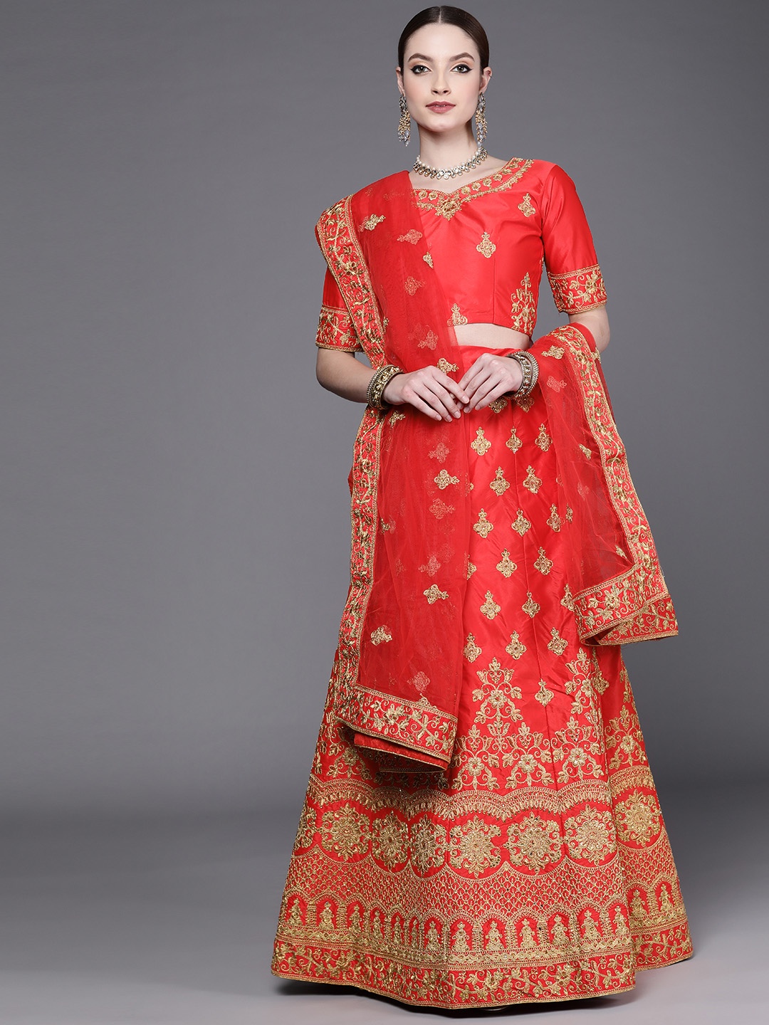 

Mitera Red Woven Design Semi-Stitched Lehenga & Unstitched Blouse With Dupatta