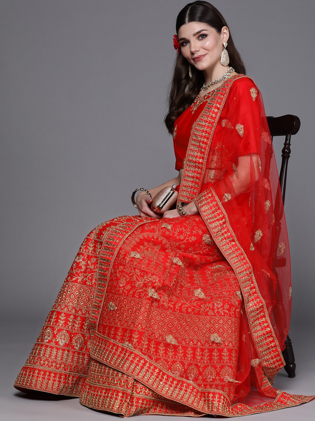 

Mitera Red & Golden Embroidered Semi-Stitched Lehenga & Unstitched Blouse with Dupatta