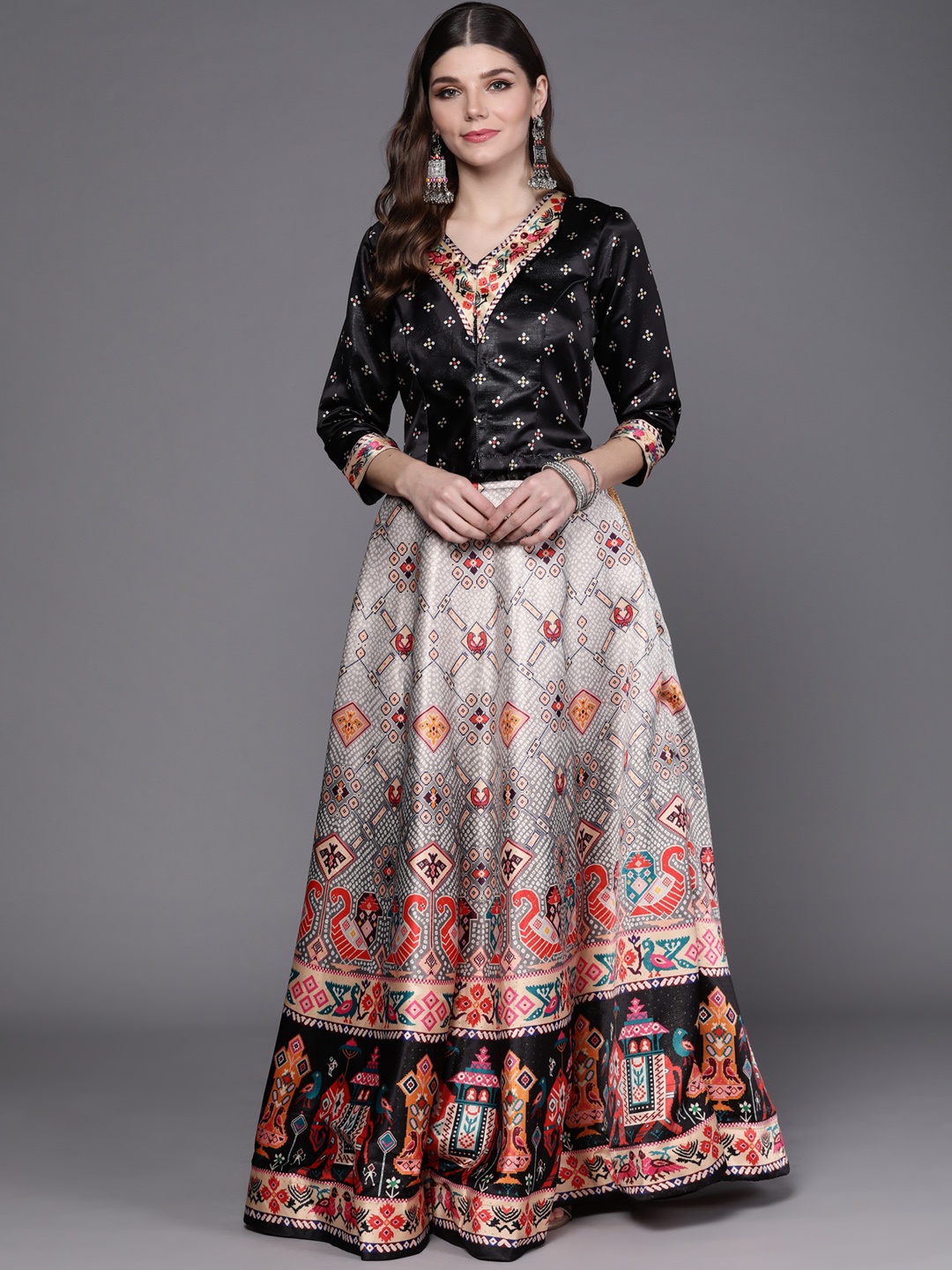 

Mitera Black & Grey Block Print Semi-Stitched Lehenga & Unstitched Lehenga Choli