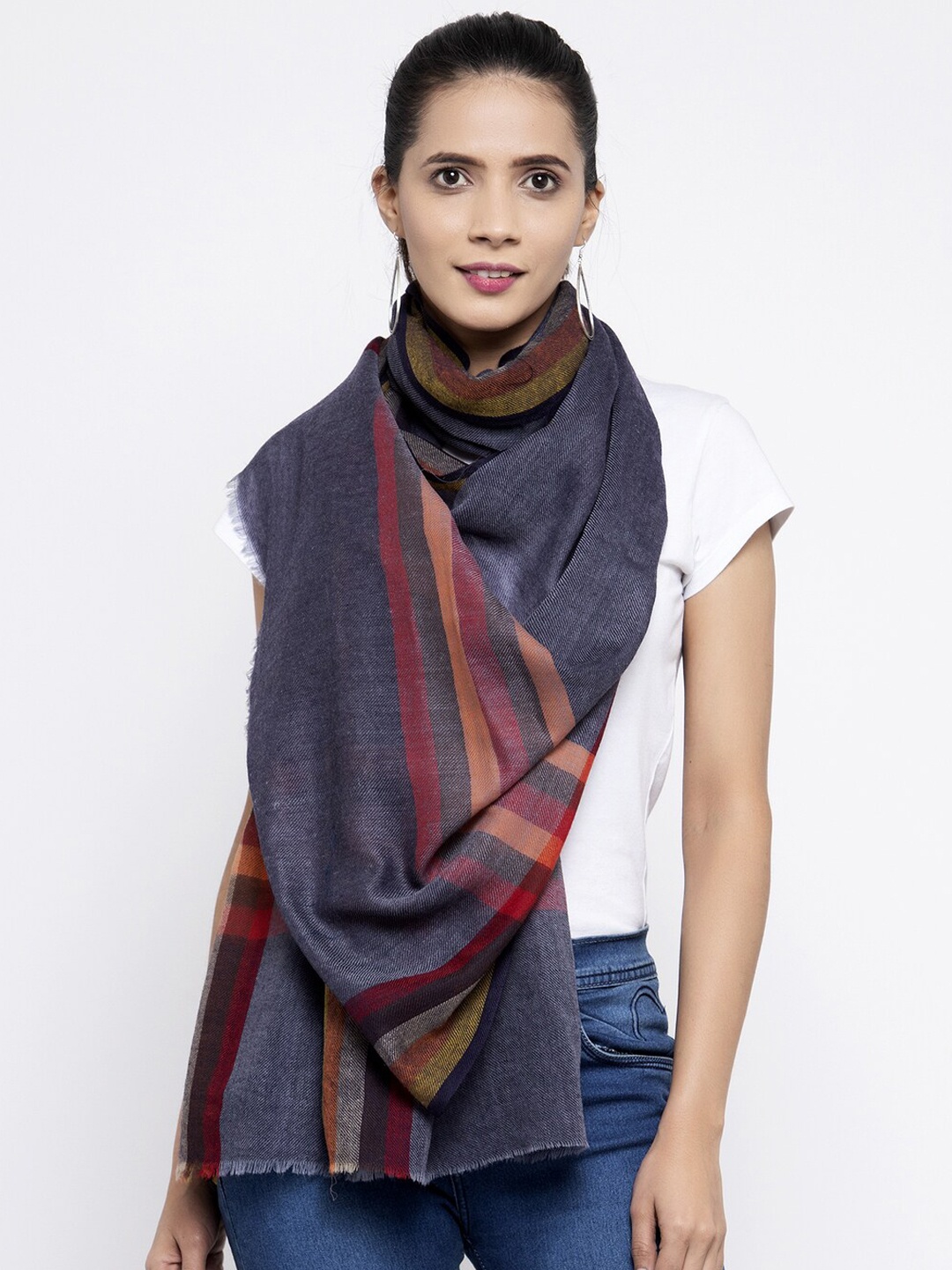 

Calvadoss Women Grey & Red Striped Woolen Muffler