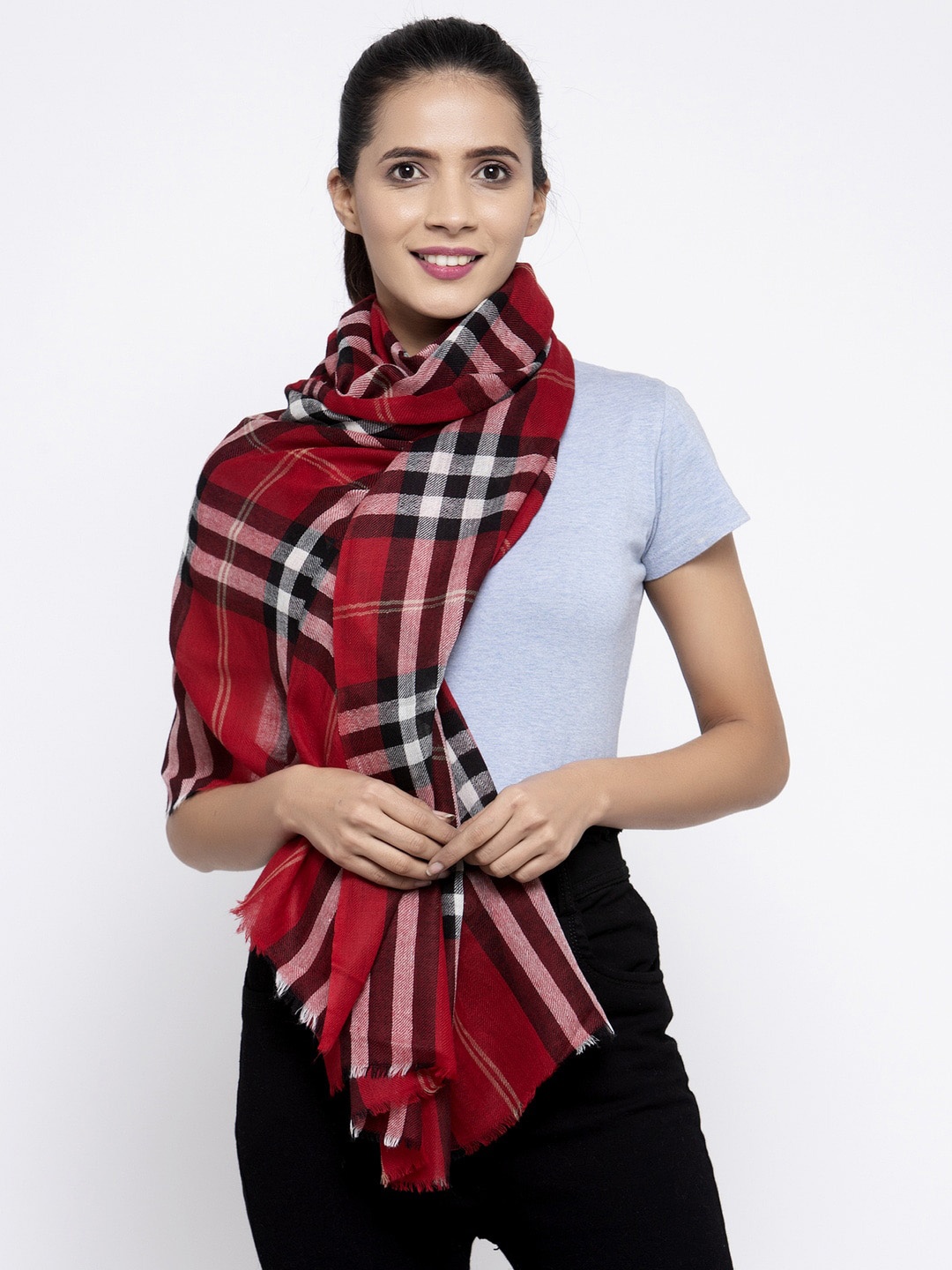 

Calvadoss Women Red & White Checked Woolen Long-Fit Muffler