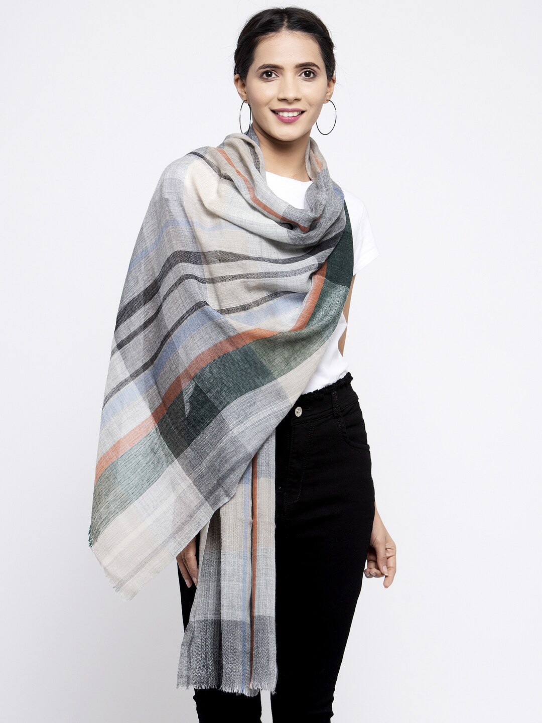 

Calvadoss Woman Grey & Black Striped Woolen Muffler