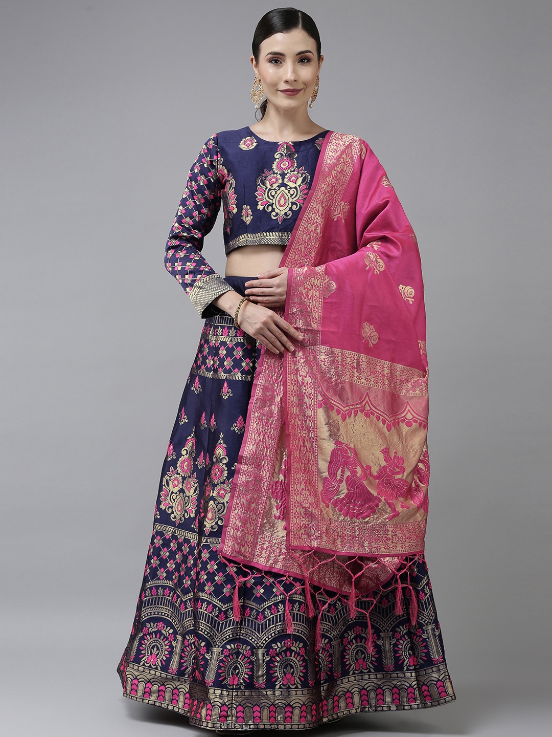 

DIVASTRI Pink & Navy Blue Semi-Stitched Lehenga & Unstitched Blouse With Dupatta