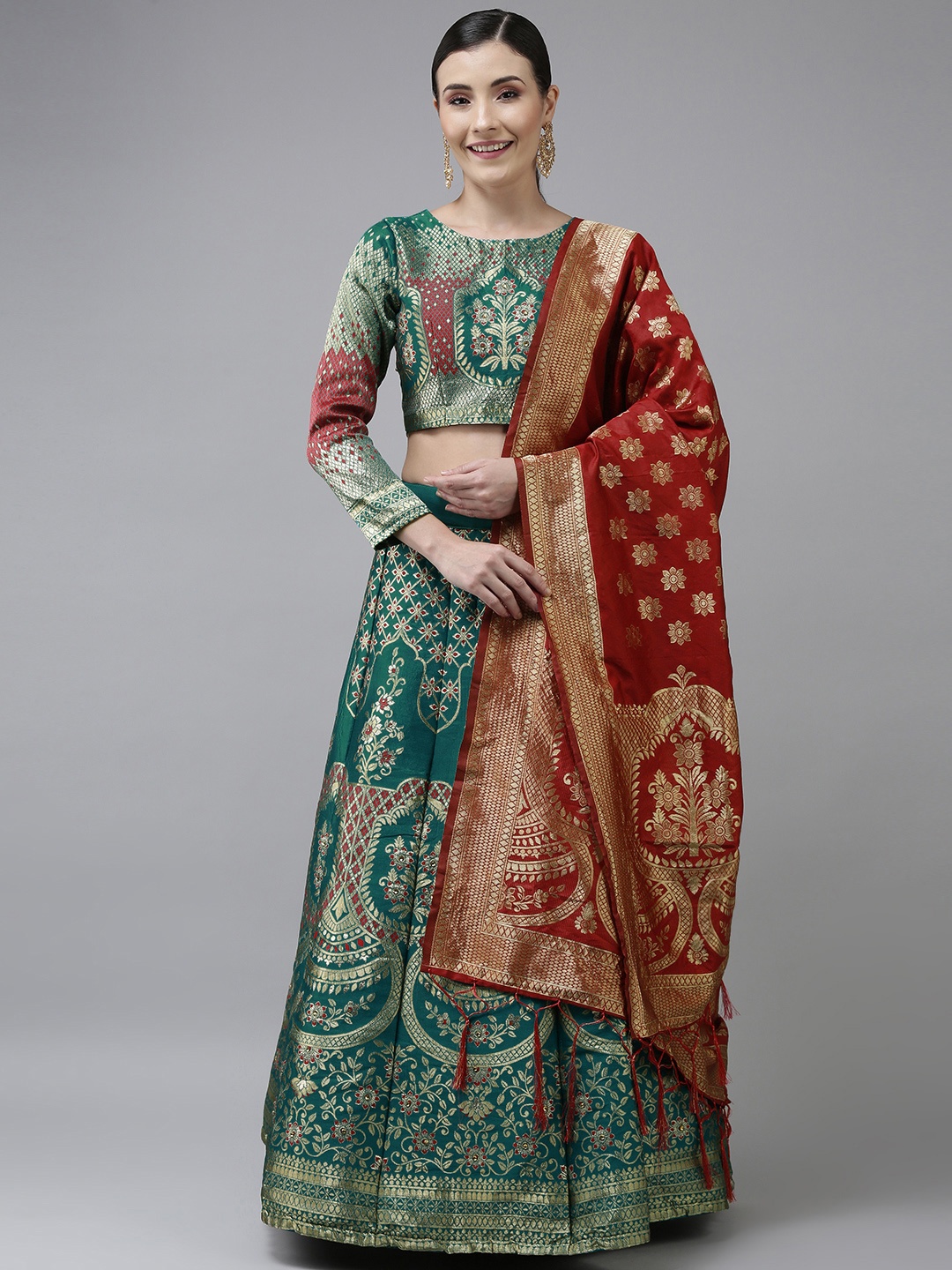 

DIVASTRI Green & Red Sequinned Banarasi Lehenga Choli with Dupatta