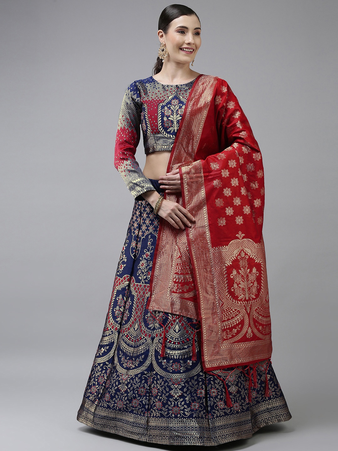 

DIVASTRI Navy Blue & Red Sequinned Semi-Stitched Lehenga & Unstitched Blouse With Dupatta