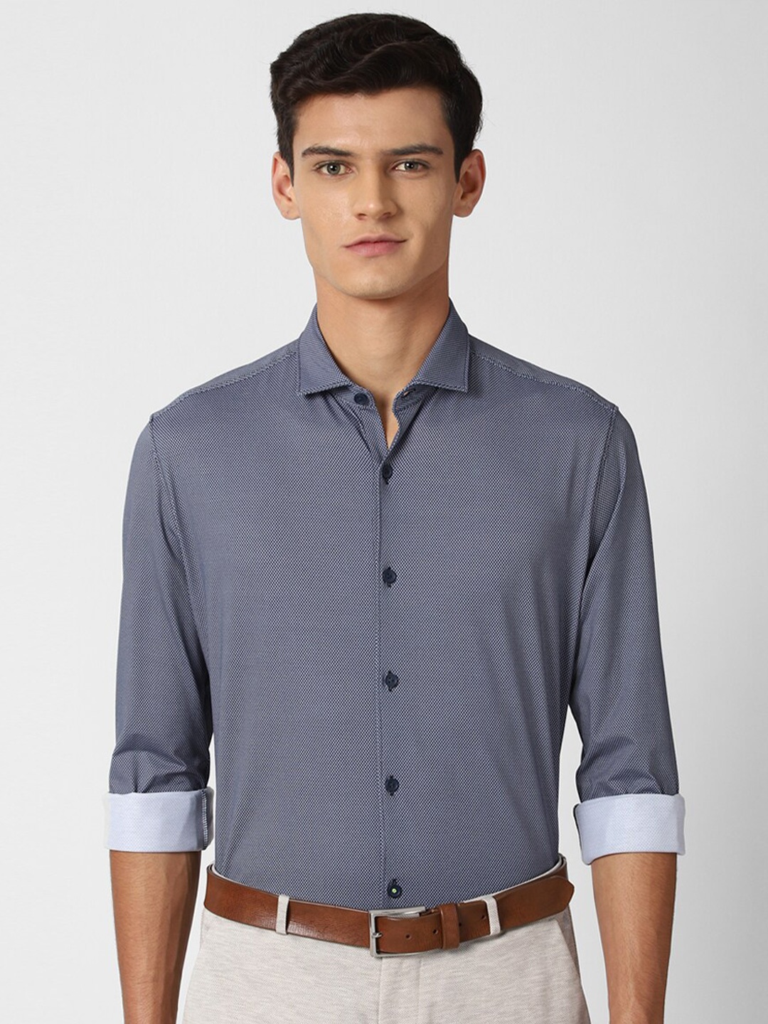 

Peter England Men Navy Blue Slim Fit Self Design Printed Casual Shirt