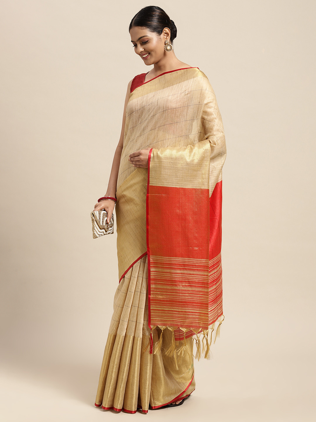 

Mitera Beige Art Silk Chanderi Saree