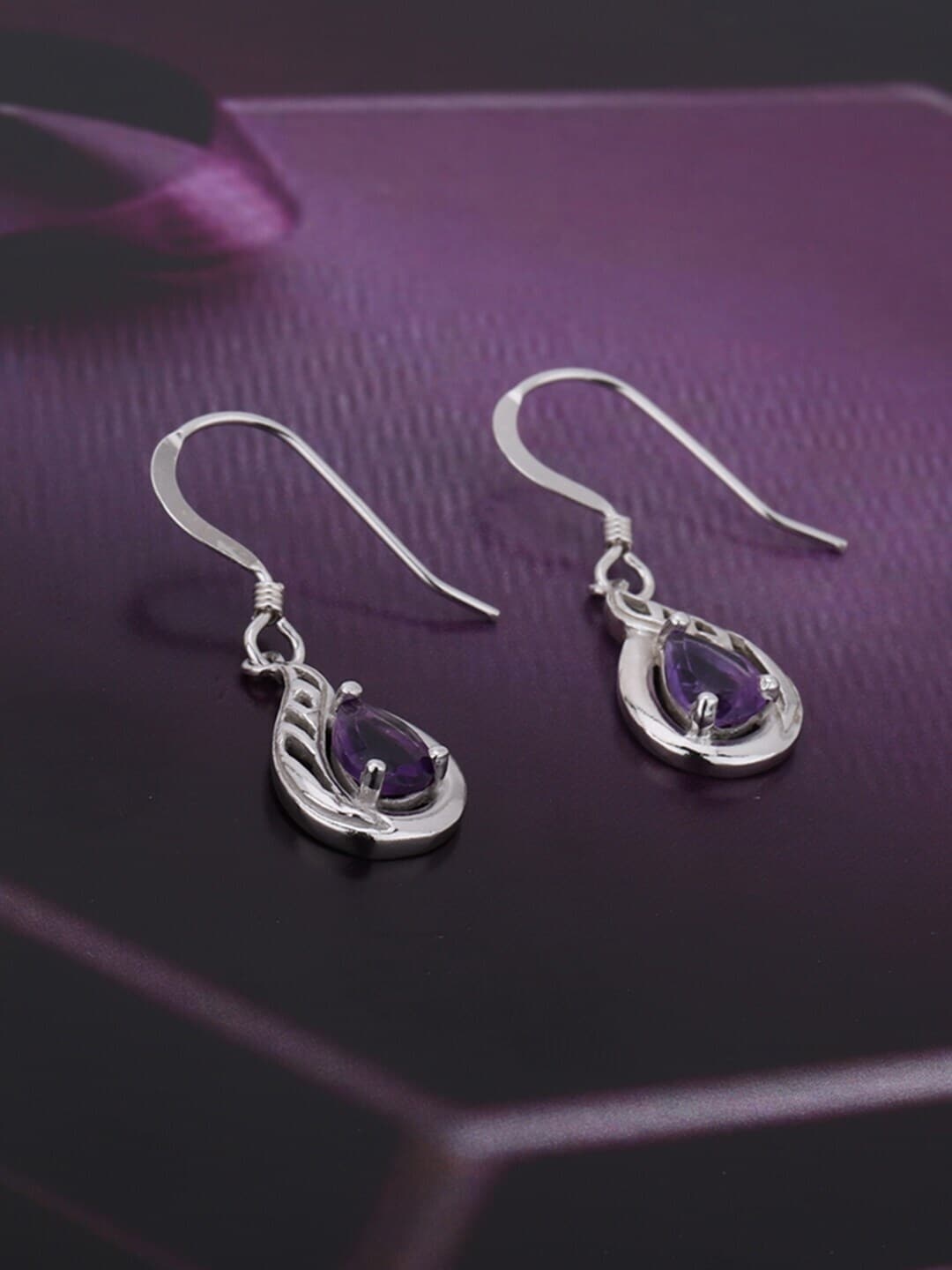 

VANBELLE 925 Rhodium-Plated Sterling Silver Purple Teardrop Shaped Drop Earrings