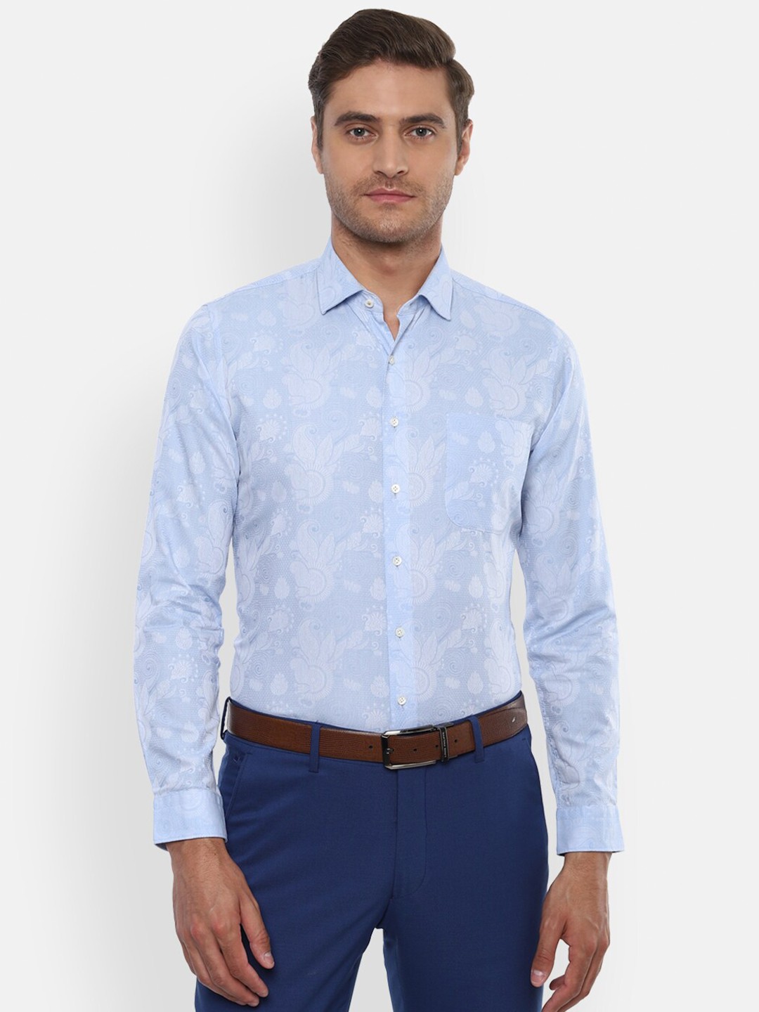 

Van Heusen Men Blue & White Opaque Printed Pure Cotton Formal Shirt