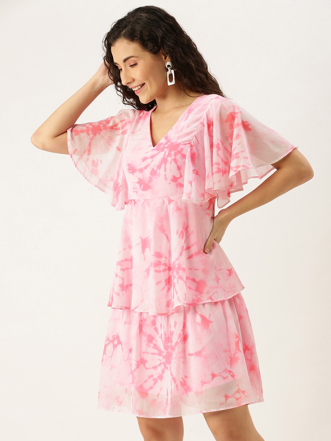 

MELOSO Pink & White Tie & Dye Layered Georgette Fit & Flare Dress