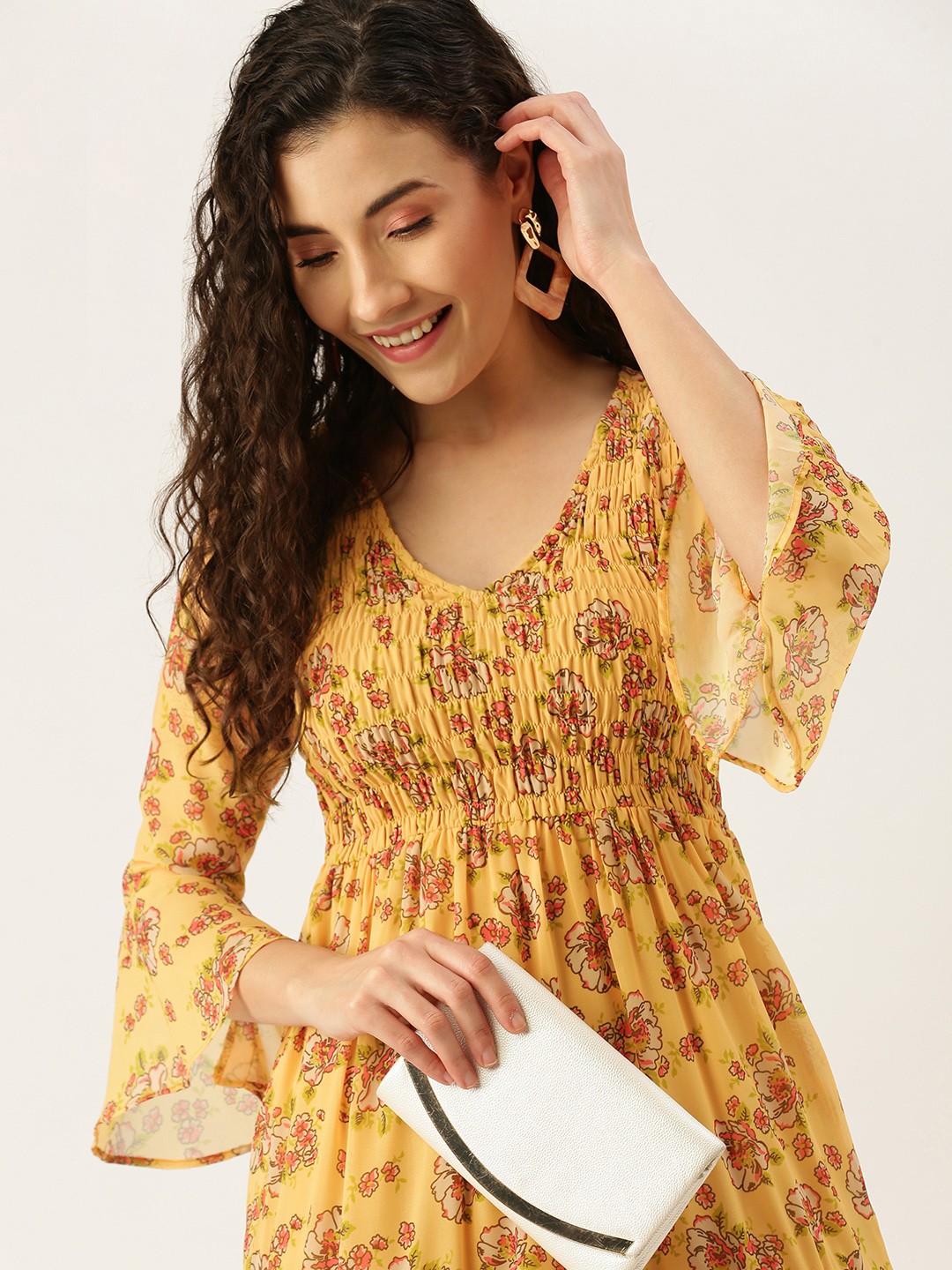 

MELOSO Yellow & Red Floral Trapeze Smocked Georgette Maxi Dress