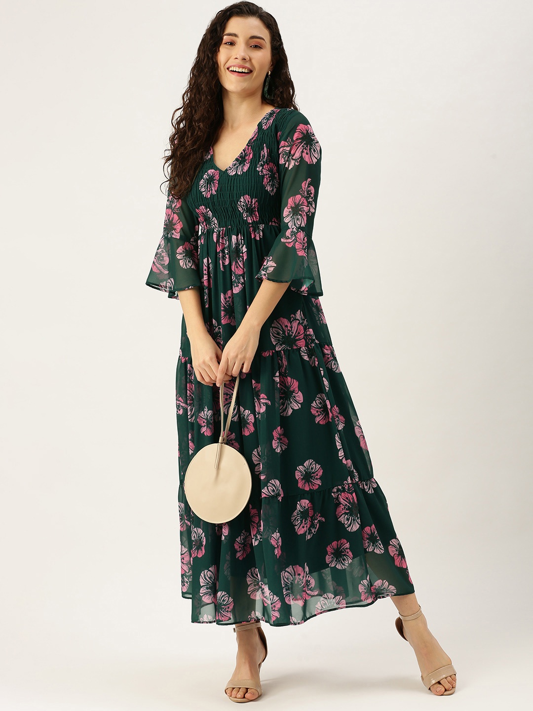 

MELOSO Green Floral Trapeze Smocked Georgette Maxi Dress