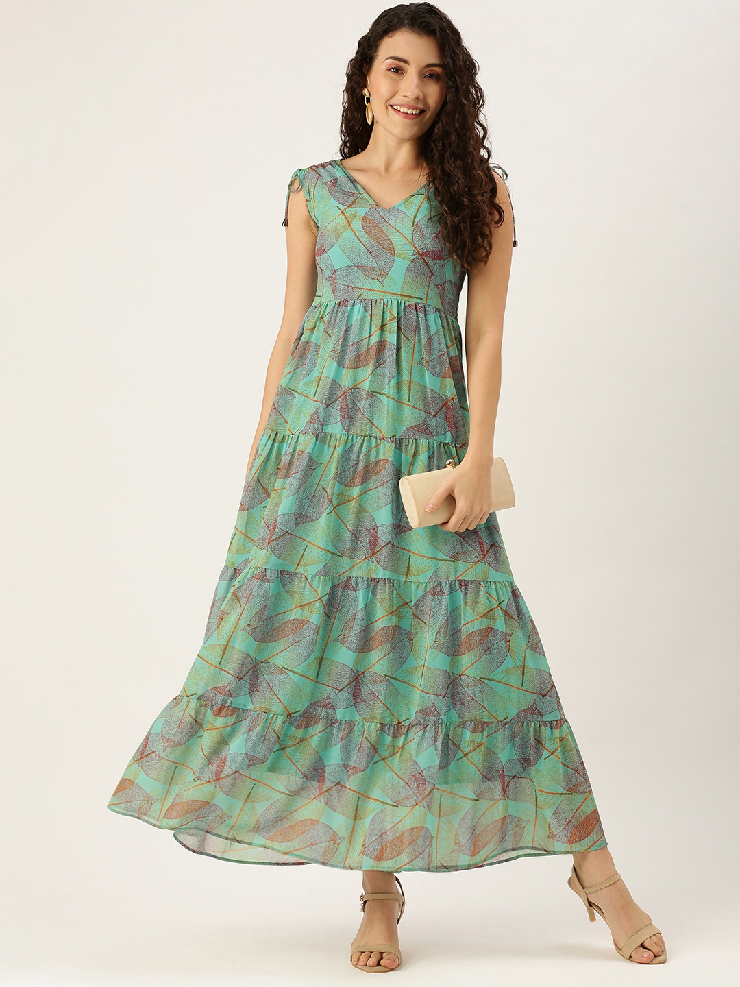 

MELOSO Sea Green Tropical Trapeze Georgette Maxi Dress