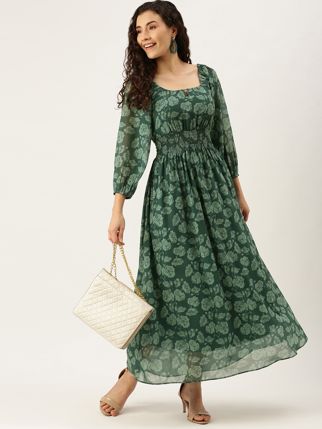

MELOSO Teal Green Floral Georgette Maxi Dress