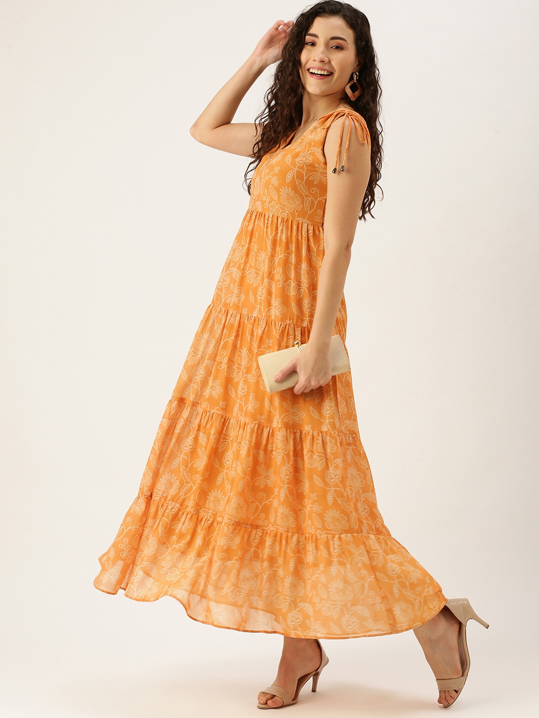 

MELOSO Coral Floral Trapeze Georgette Maxi Dress