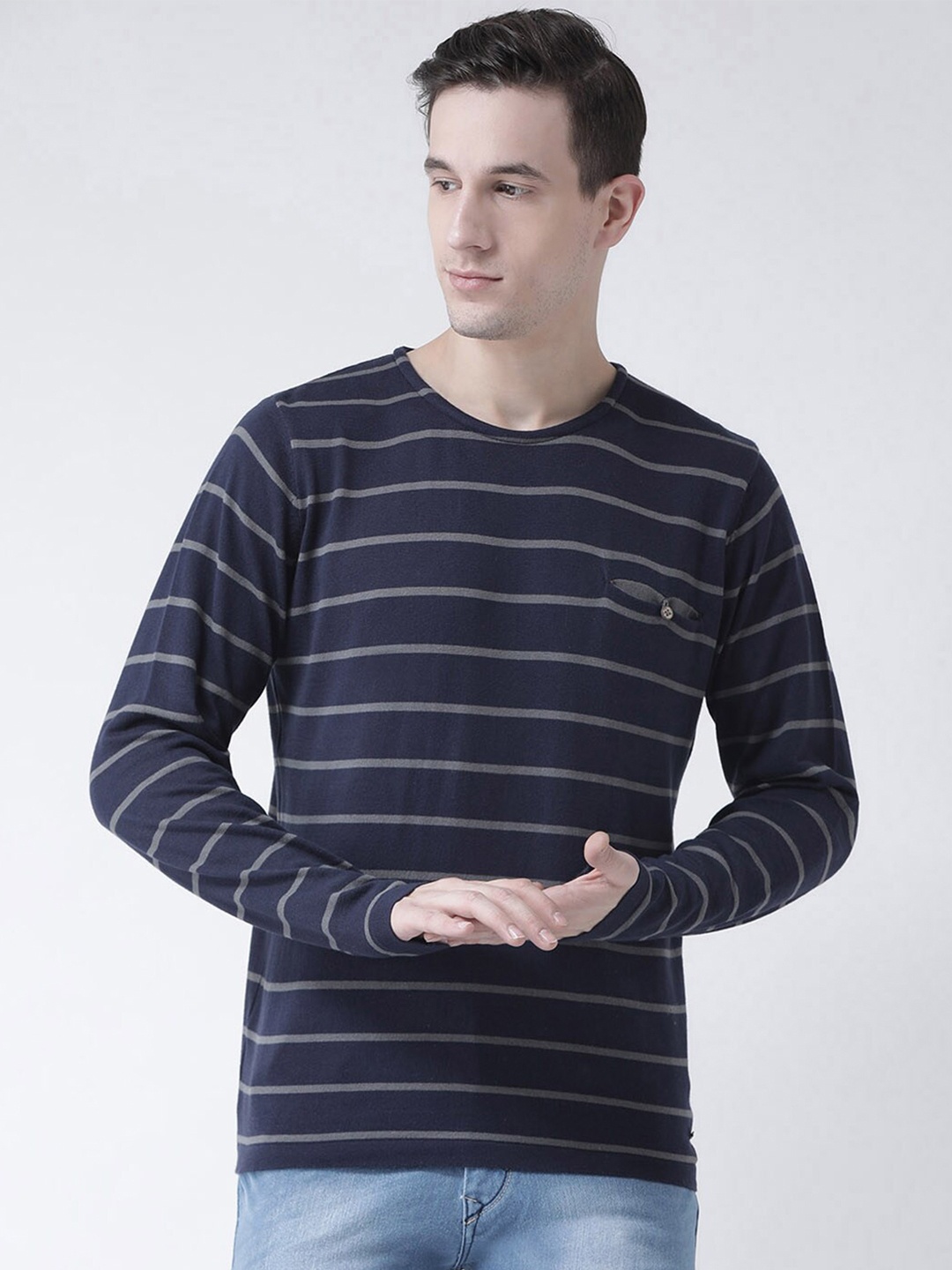 

Club York Men Navy Blue & Grey Striped Pullover