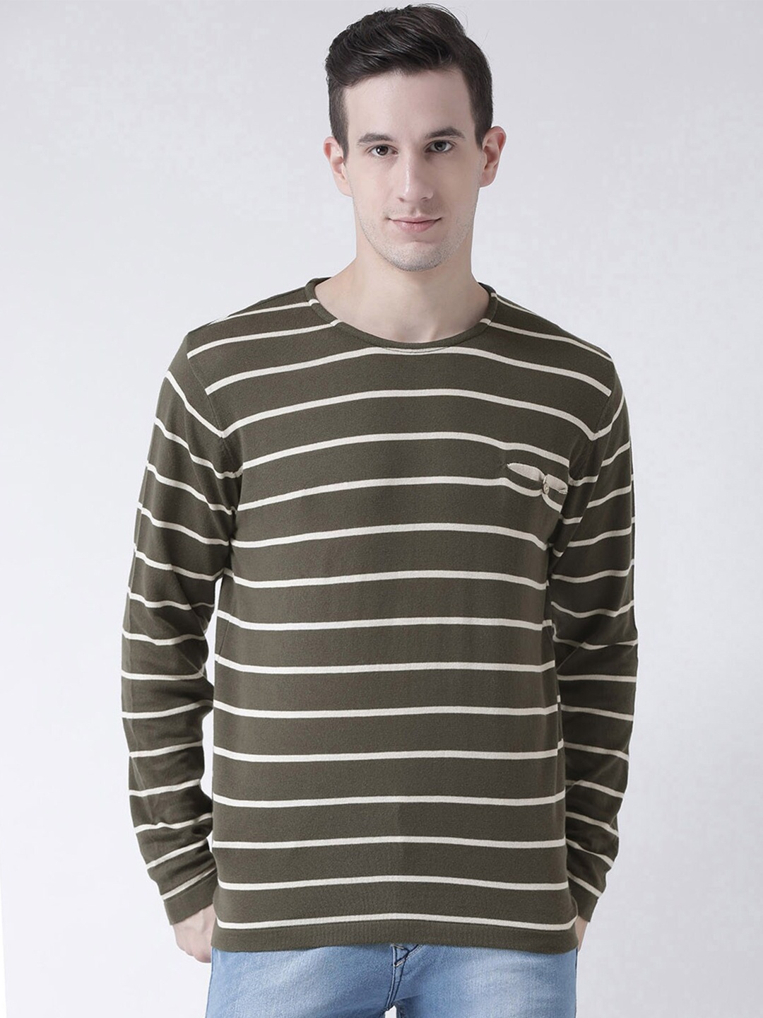 

Club York Men Olive Green & Cream-Coloured Striped Pullover