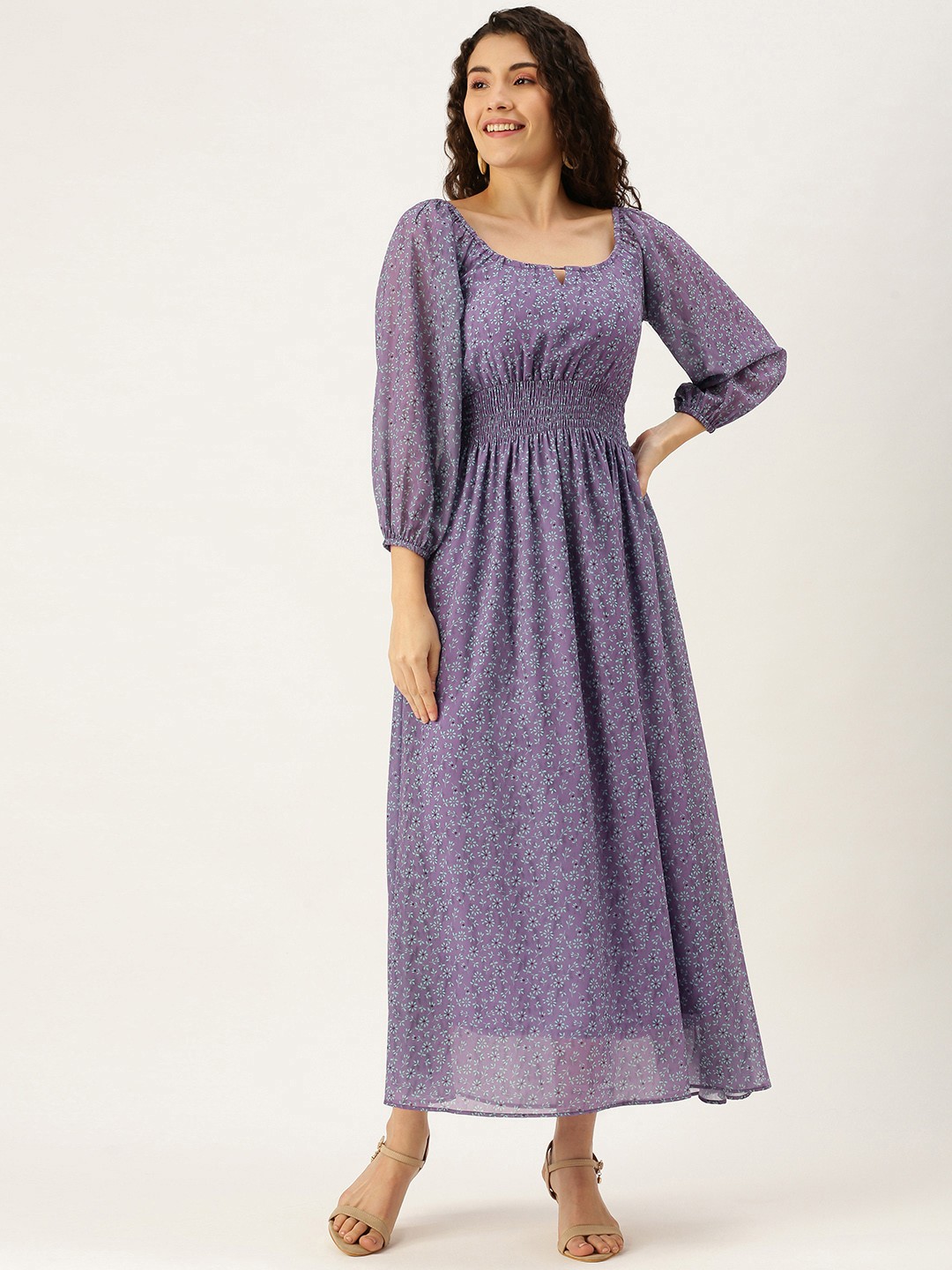 

MELOSO Violet & Blue Floral Georgette Maxi Dress