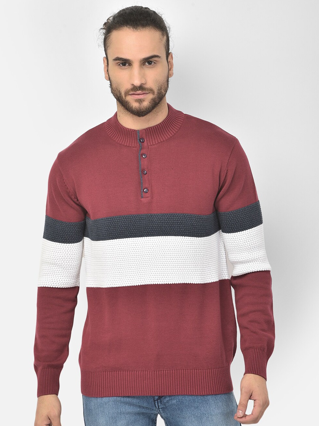 

COBB Men Burgundy & Navy Blue Striped Pullover