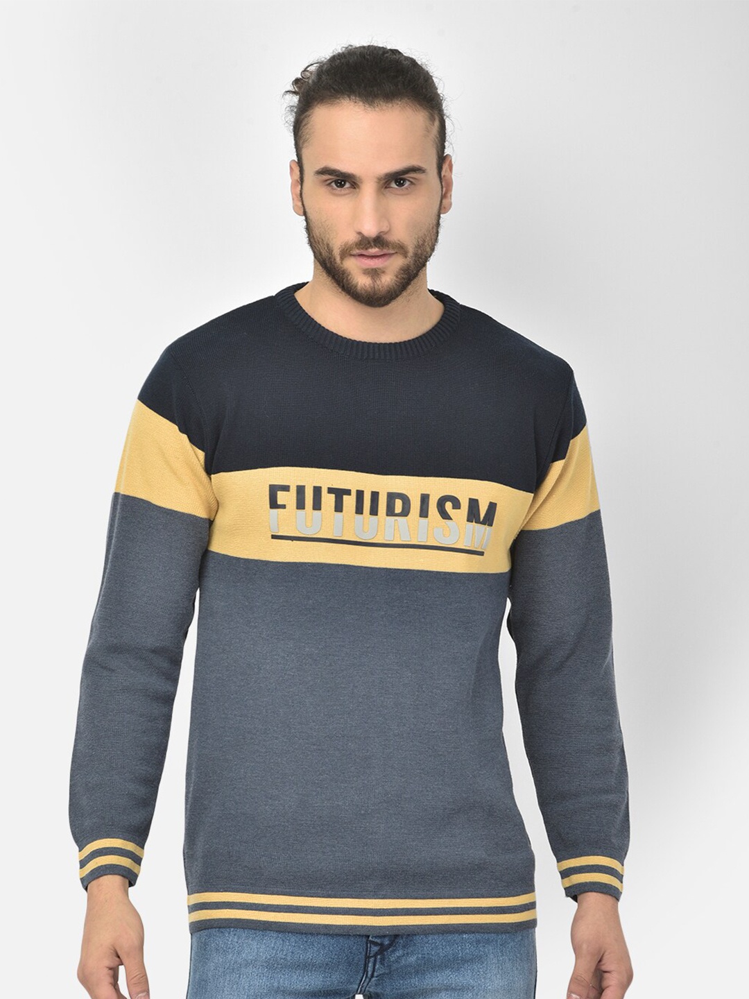 

COBB Men Blue & Yellow Typography Printed Pullover