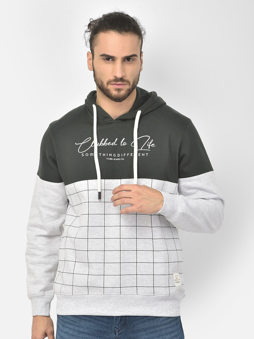 

COBB Men Olive Green Checked Hooded Sweatshirt